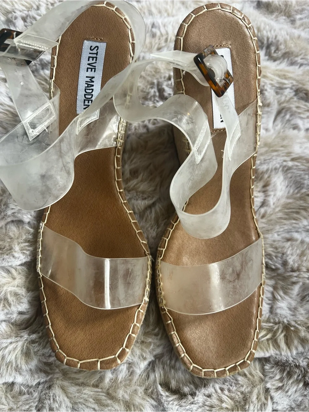 Steve Madden Clear Espadrille NEW wedge sandals with tortoise buckle. SZ 10